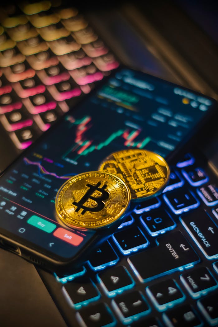 Colorful keyboard with Bitcoin coins and trading screen for crypto analysis.